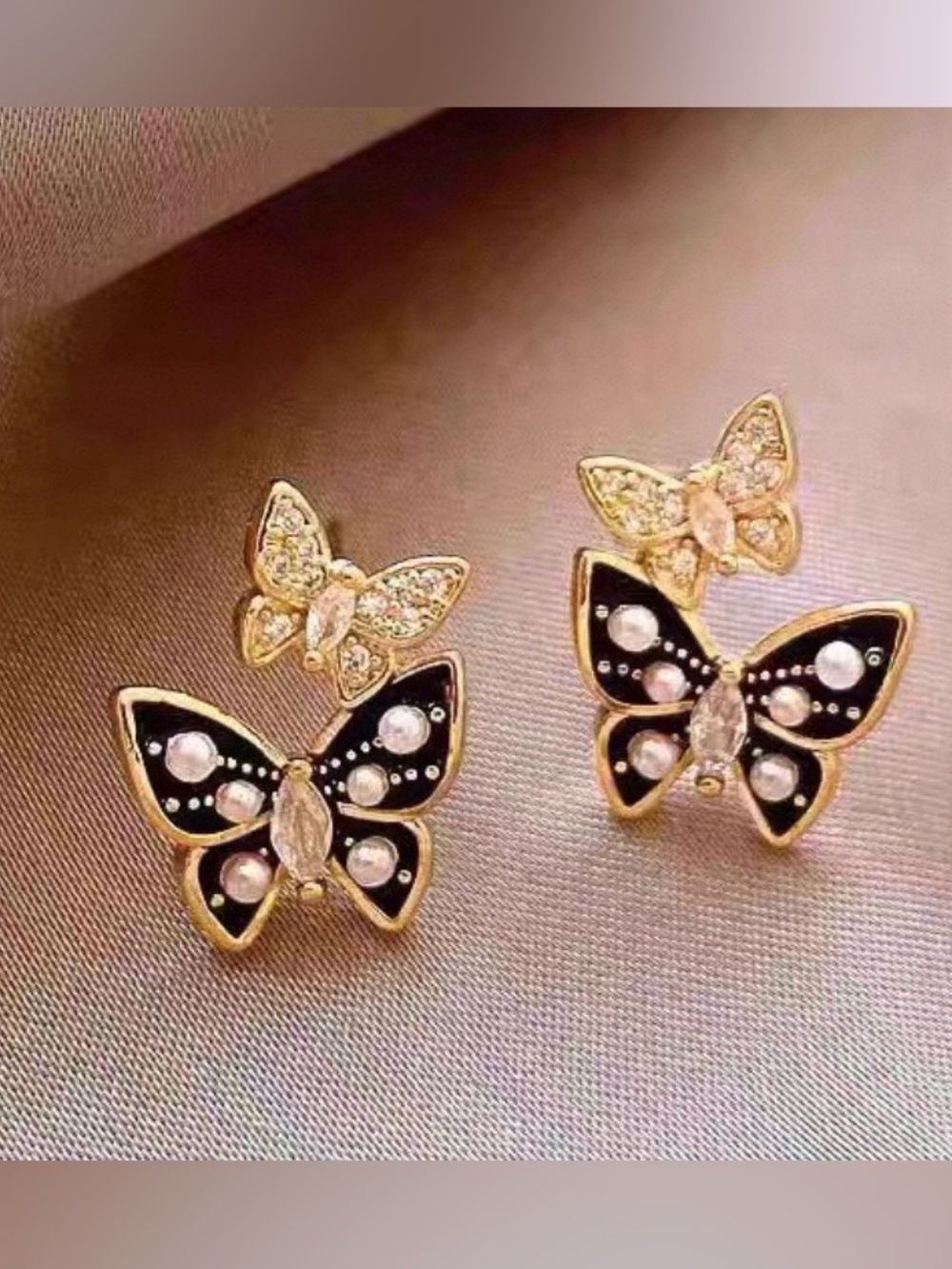 Gold Butterfly Pearl Stud Earrings - Black and Gold